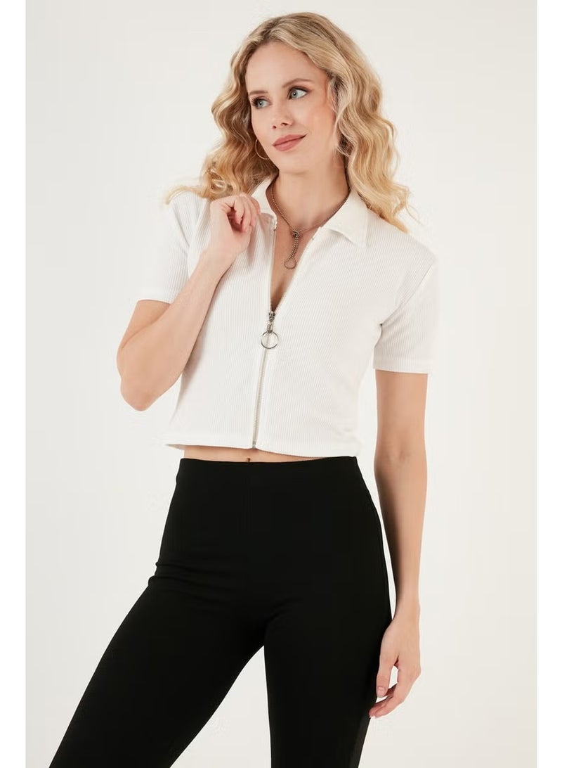 Lela Flexible Zippered Shirt Collar Crop Blouse Women's Blouse 5865346 - Image 5